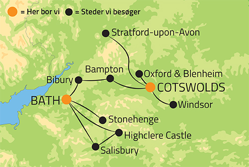 Kort over rejsen til England med besg p Downton Abbey